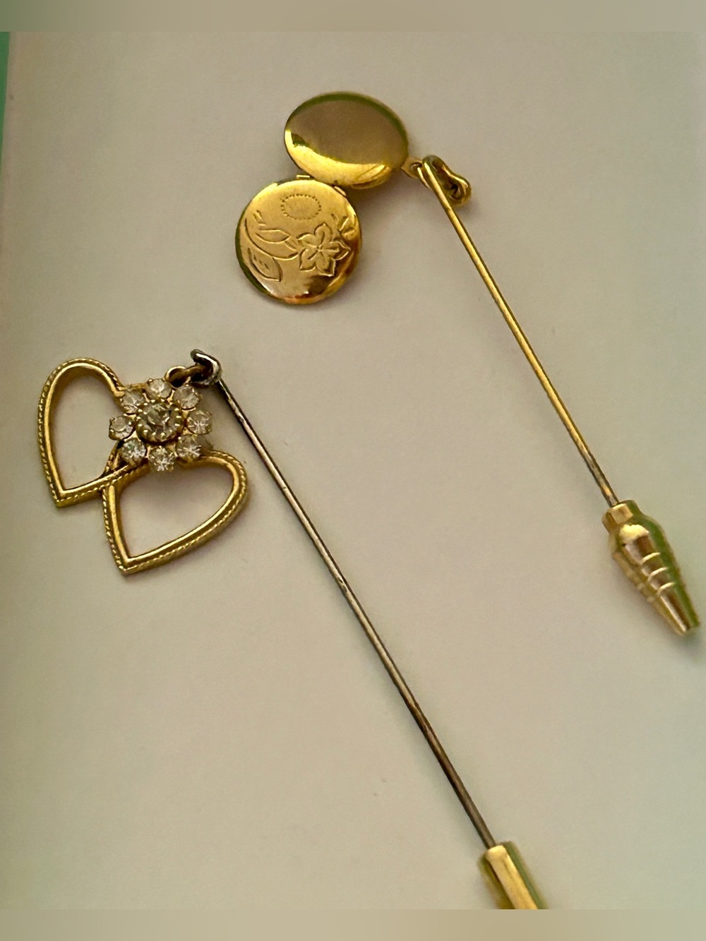 Gold-Tone Heart & Floral Locket Tie Stick Ladies Keepsake Pin Set of 2
